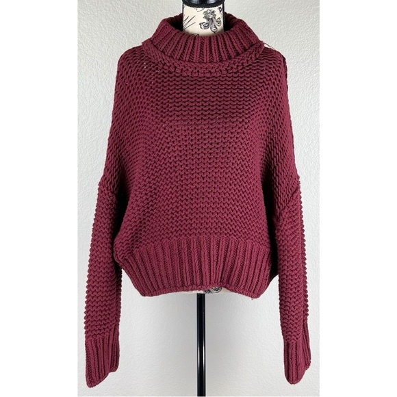 Free People My Only Sunshine Chunky Knit Turtleneck Maroon Sweater Large - Picture 3 of 15